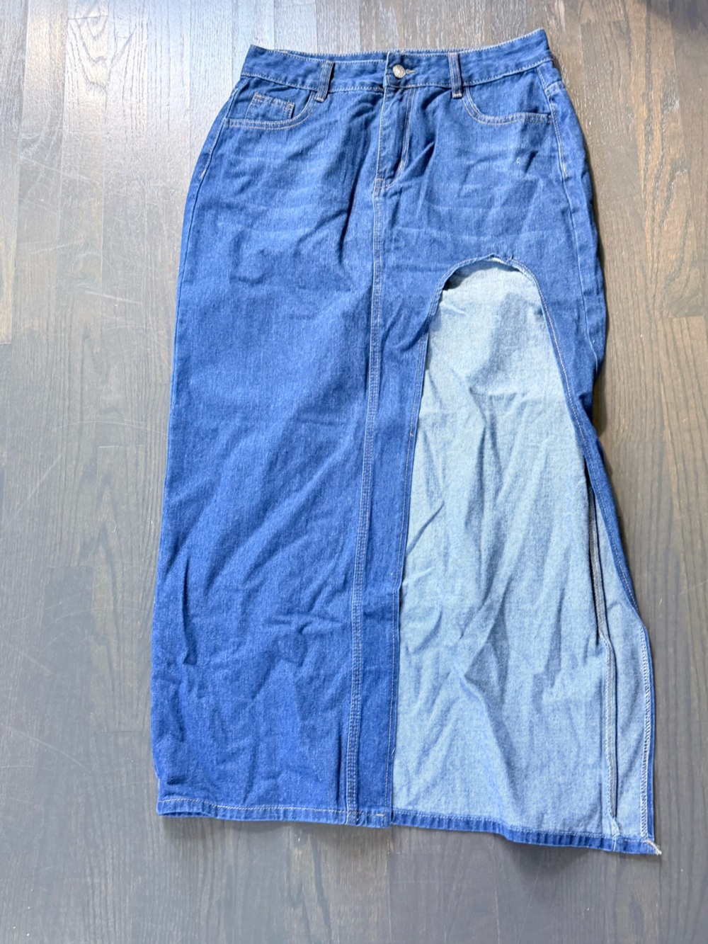 Classic Blue Denim Maxi Skirt with Front Slit